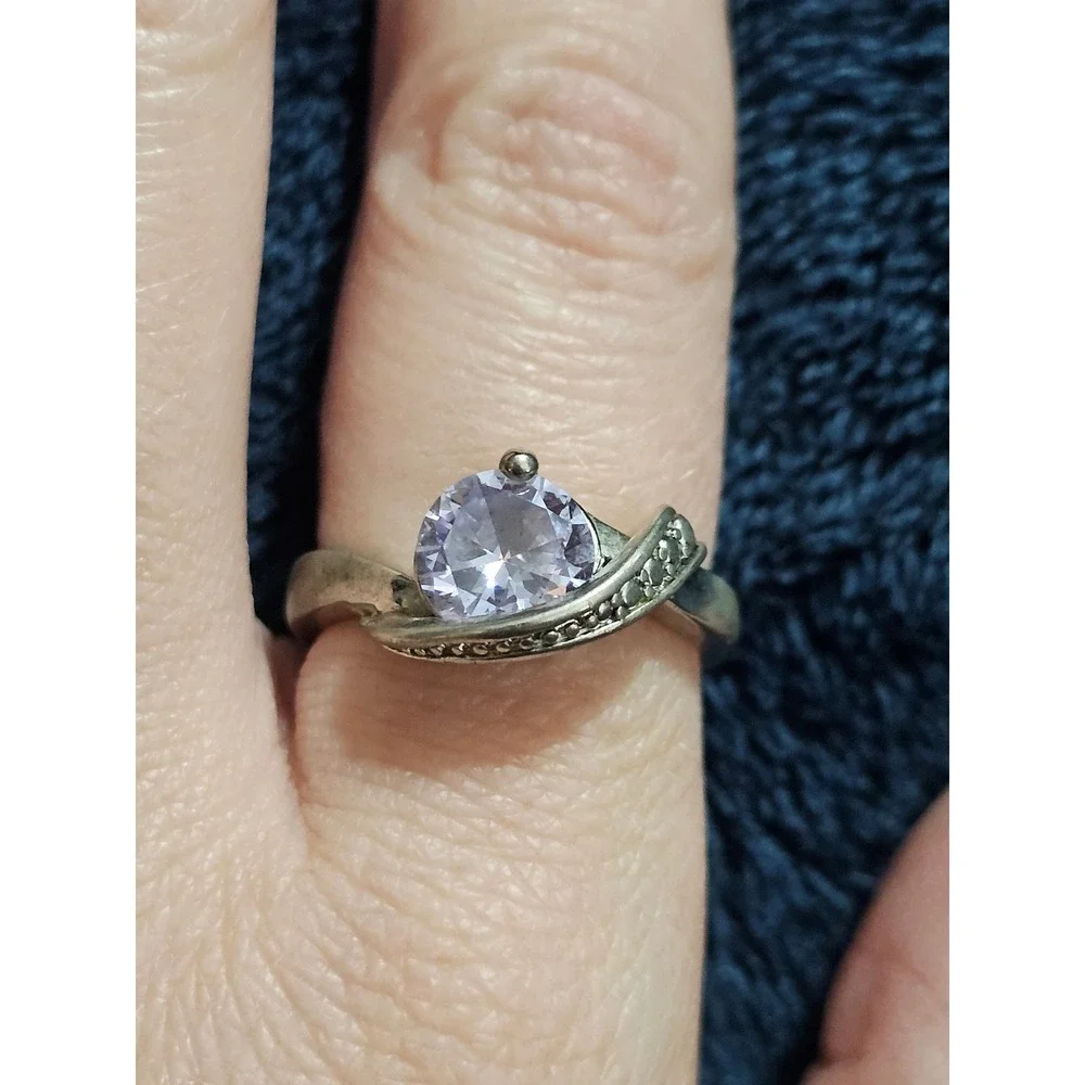 Silver Tone Lavender Round Cut CZ Bypass Cocktail Ring Size 7.75 P